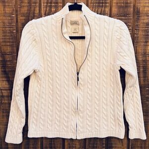 L.L. Bean White Cable Knit Zip Up Sweater
